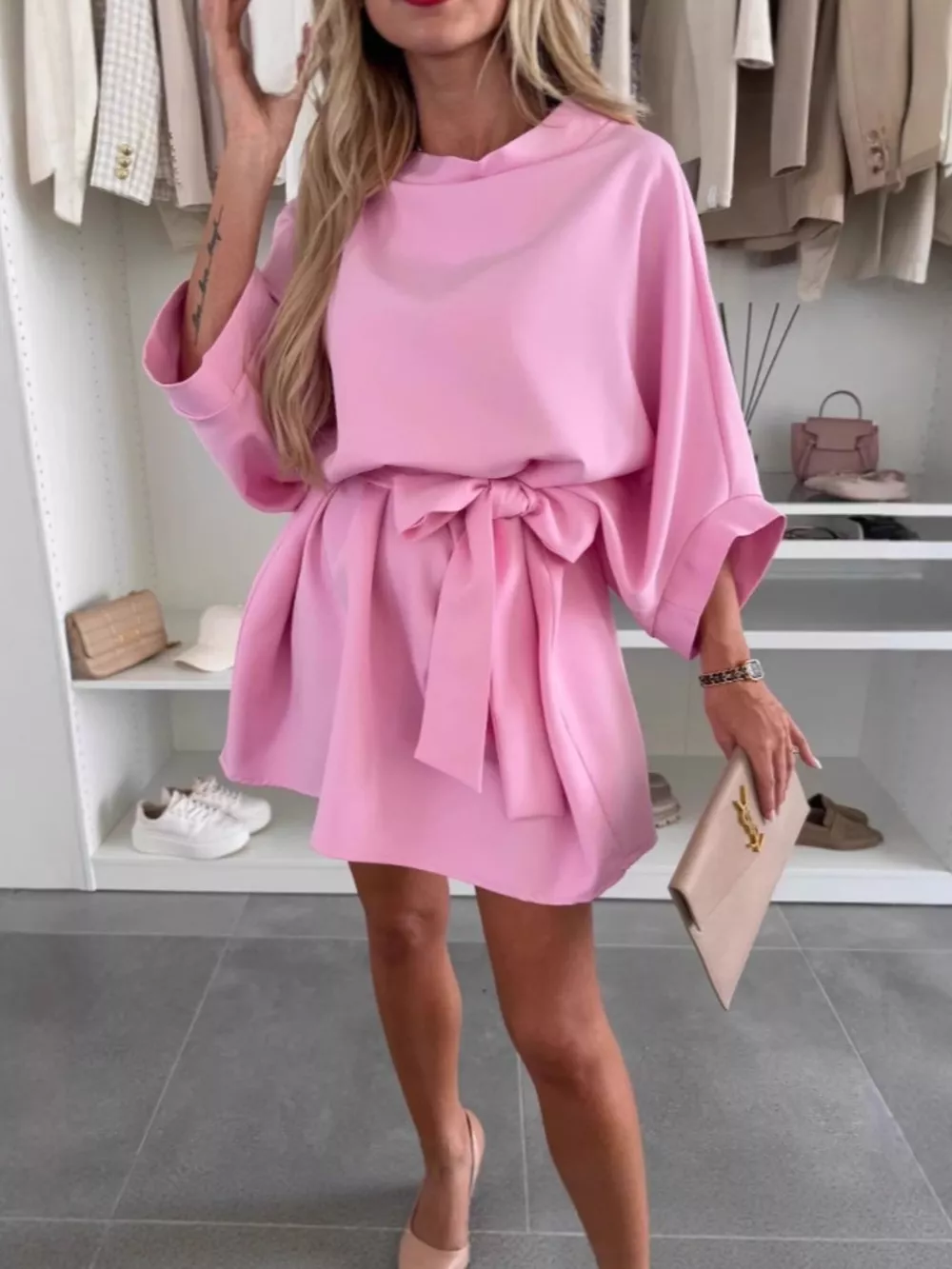Batwing Sleeve Tie Waist Mini Dress, image 6