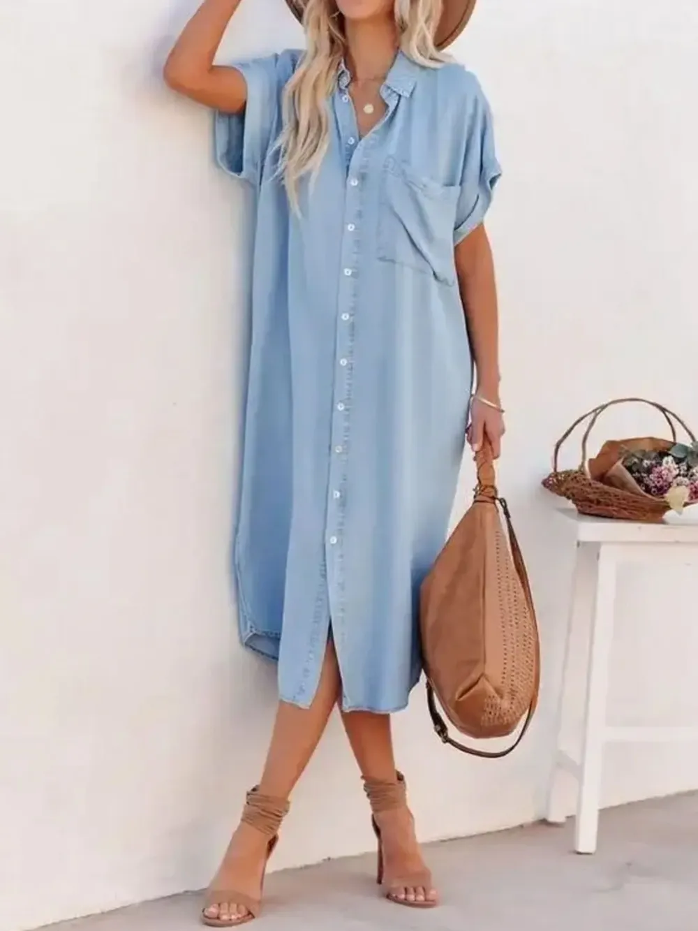 Button Down Denim Midi Shirt Dress, image 2