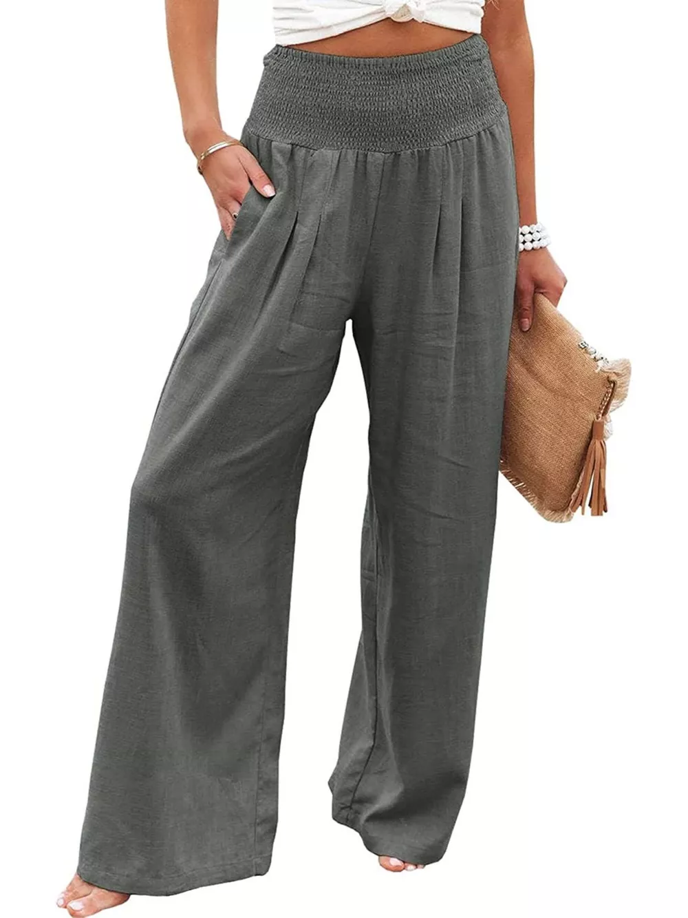 Smocked High Waisted Wide Leg Pants, image 6