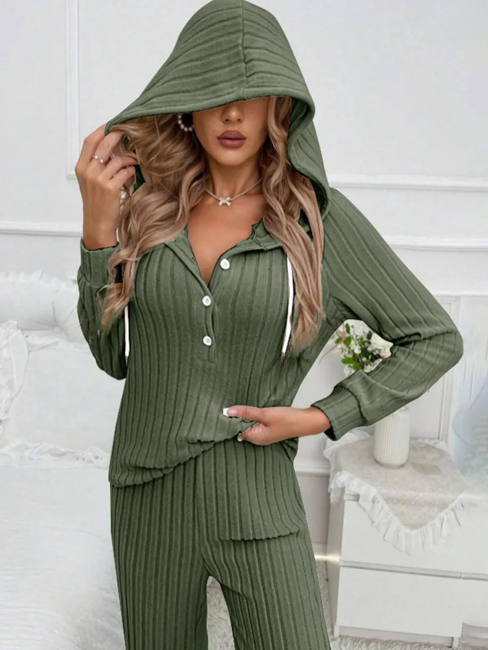 Drawstring Half Button Hooded Top and Ribbed Pants Set, image 5