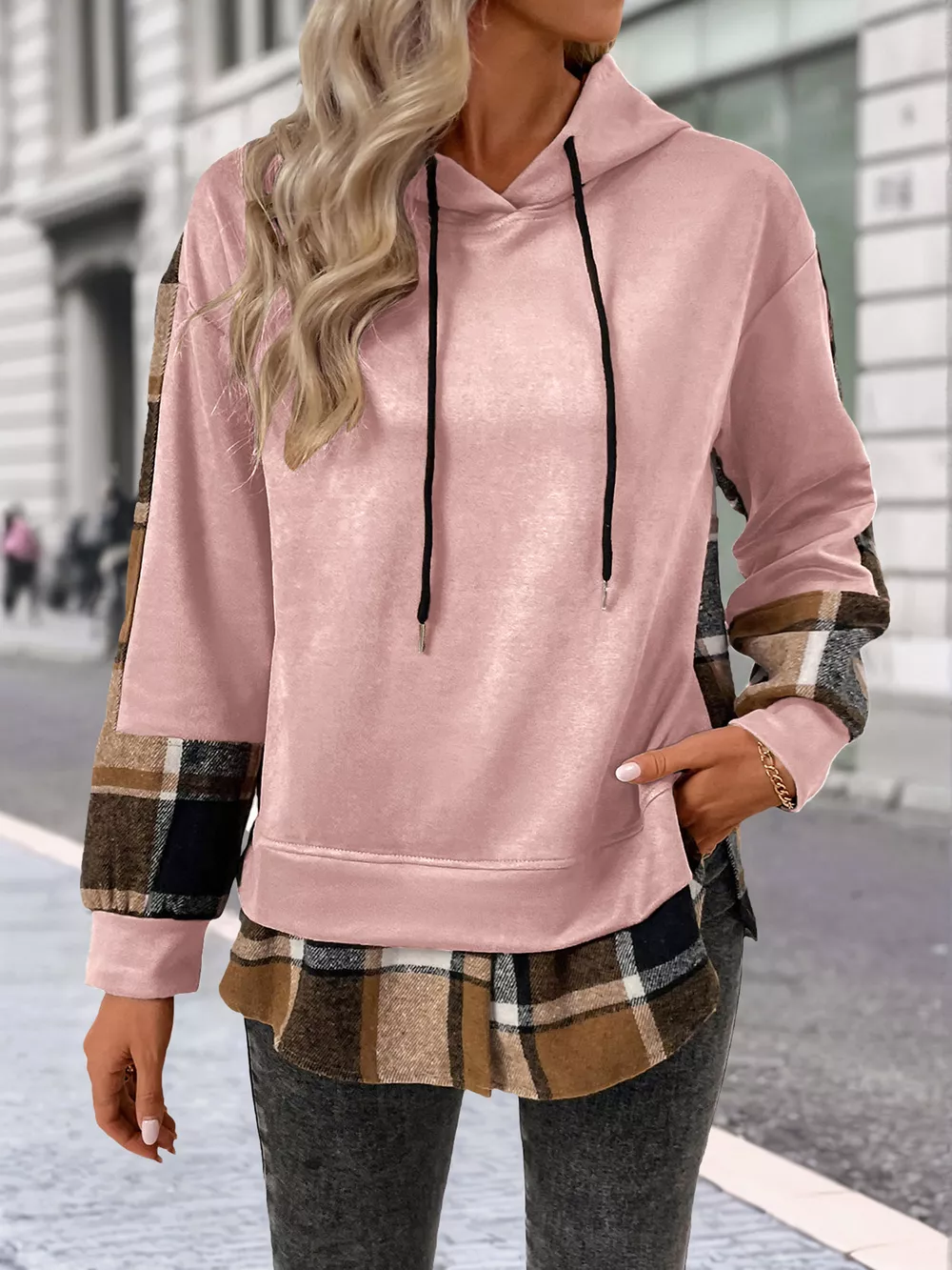 Plaid Drawstring Long Sleeve Hoodie, image 18