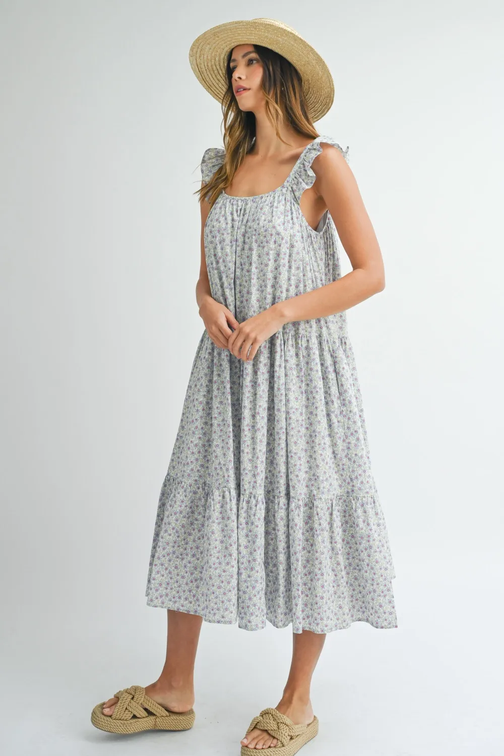 Floral Ruffle Shoulder Tiered Midi Dress, image 4
