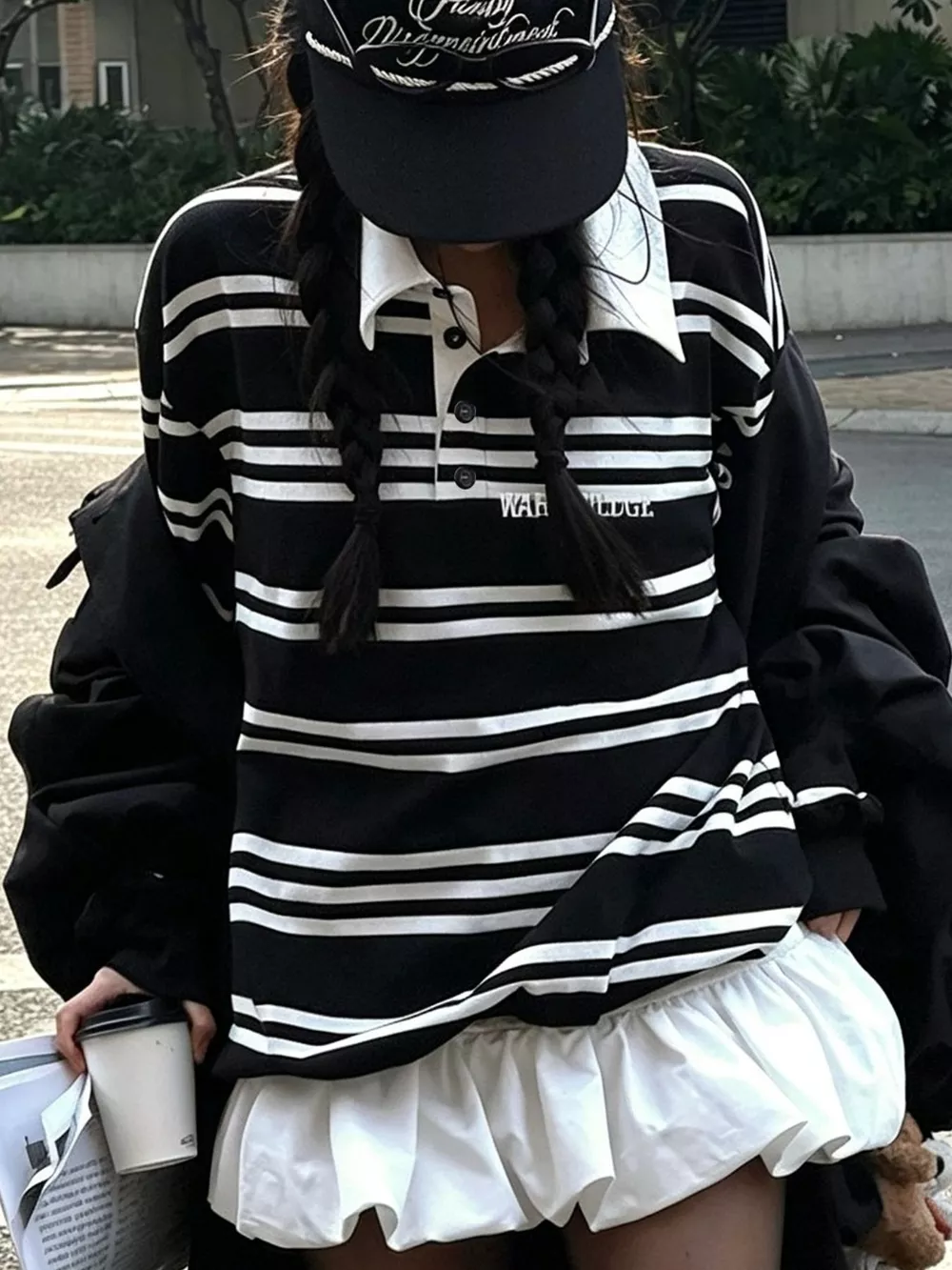 Oversized Striped  Contrast Collar Polo Top, image 3