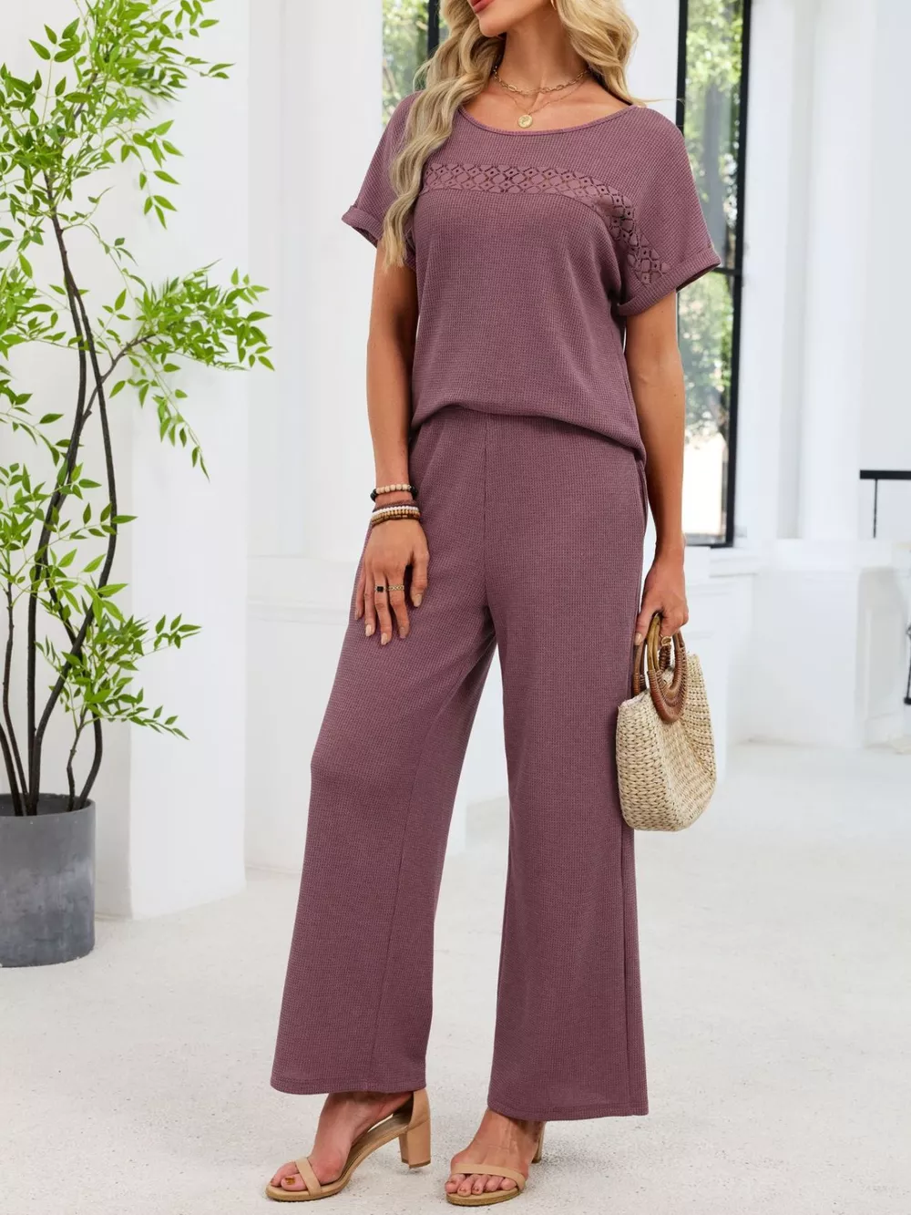 Lace Detail Short Sleeve Top and Pants Set, image 21