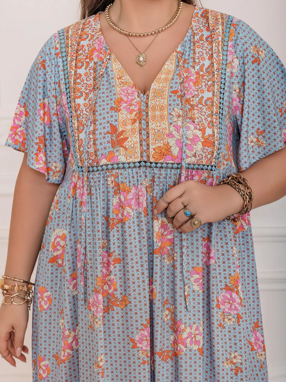 Plus Size Printed Tie Neck Flutter Sleeve Maxi Dress, image 8