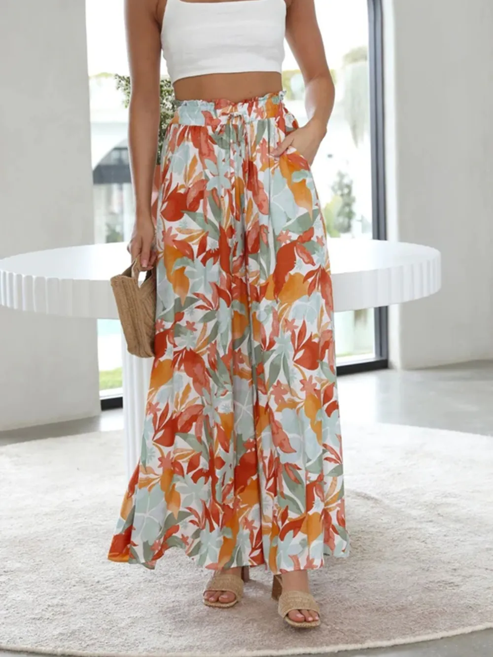 Drawstring Paperbag Waist Printed Wide Leg Pants, image 15