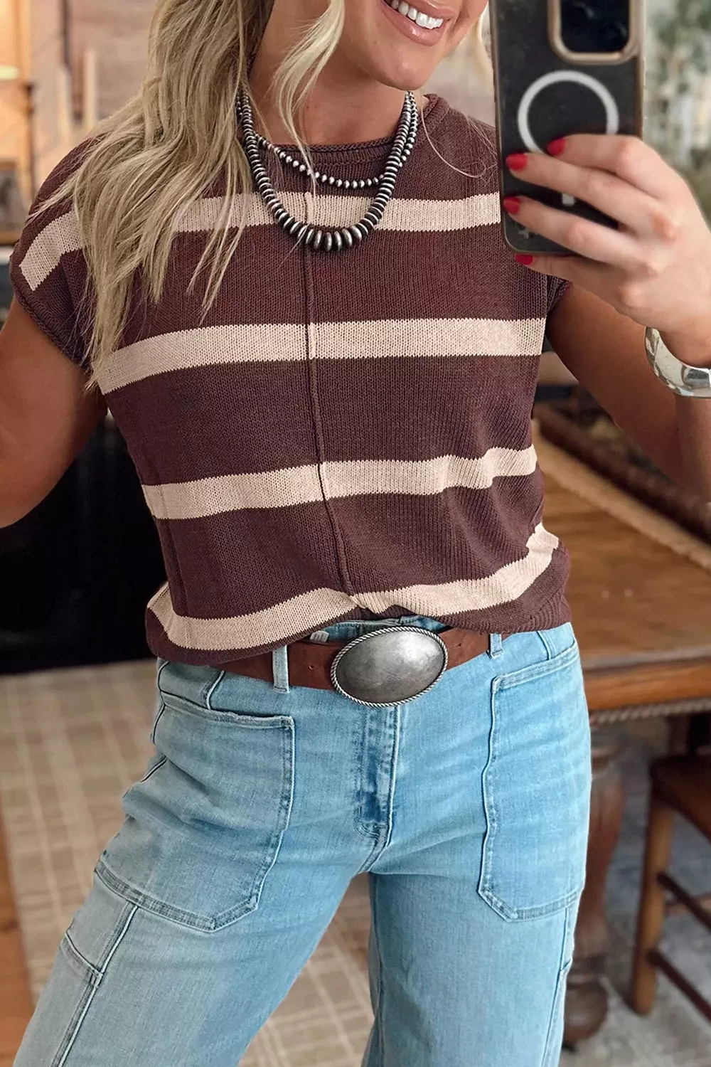 Stripe Knit Western Short Sleeve Sweater, image 8