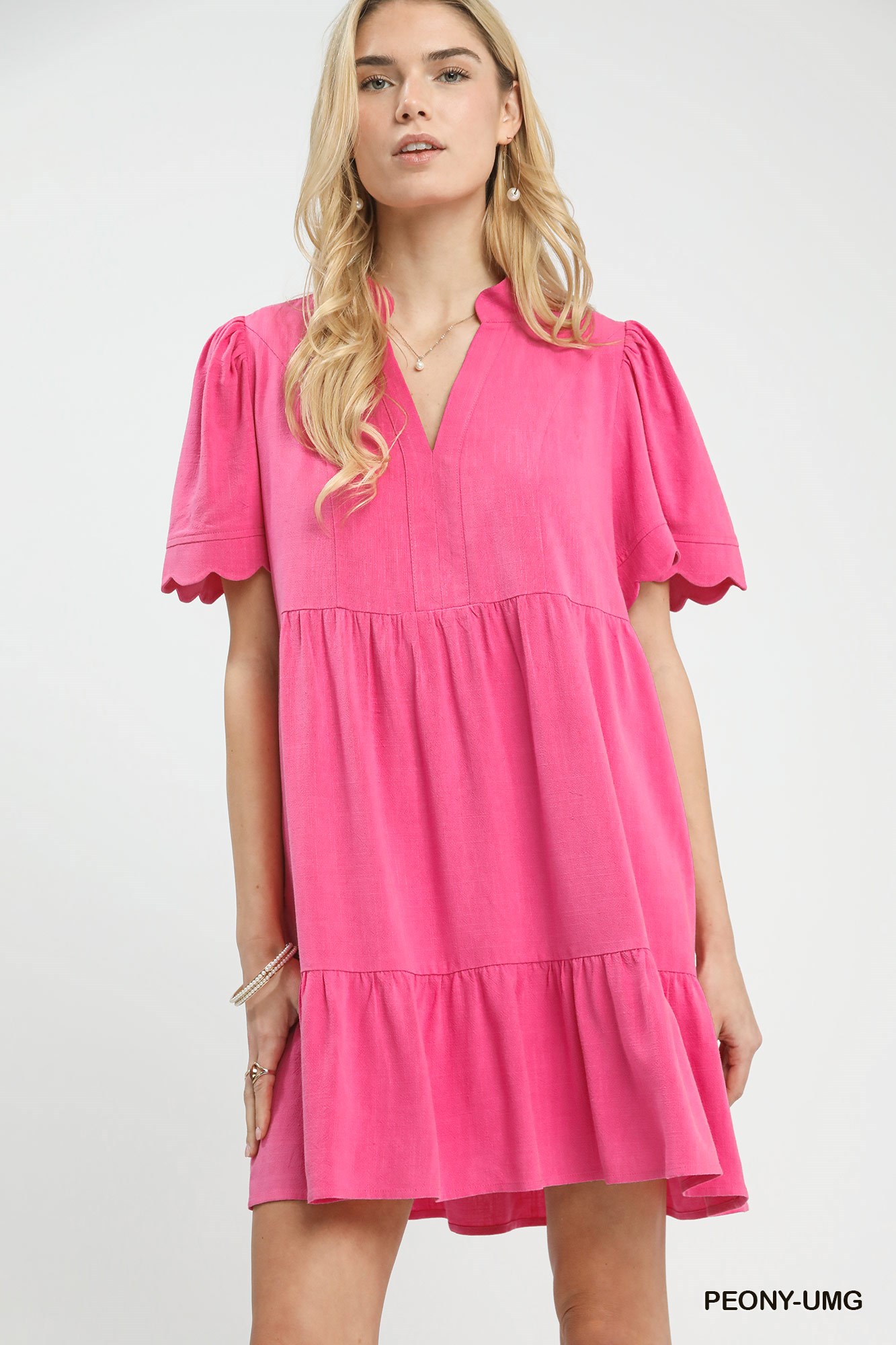 Linen Tiered Babydoll Dress with Scalloped Sleeves