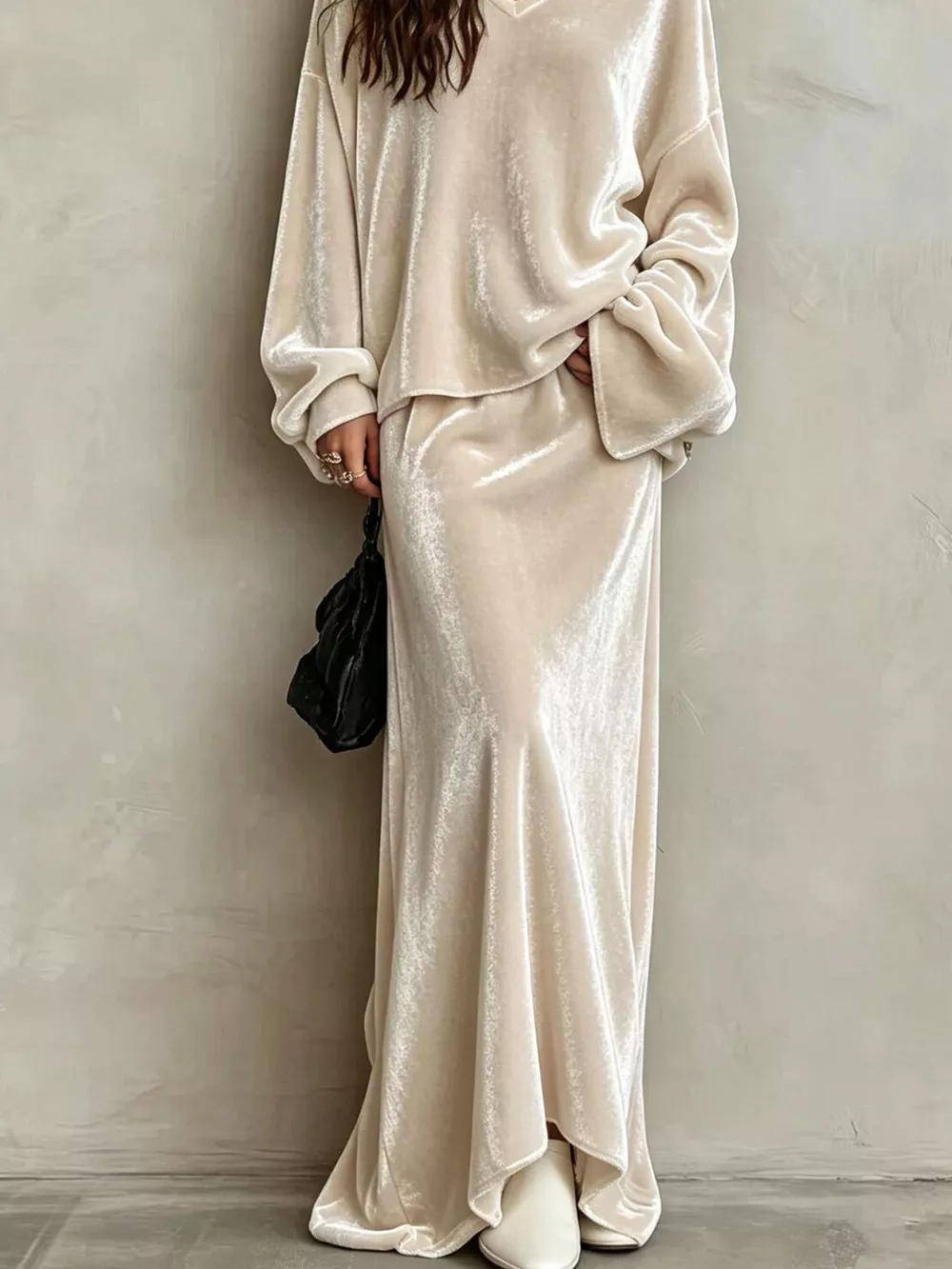 V-Neck Velvet Long Sleeve Top and Maxi Skirt Two-Piece Set, image 3