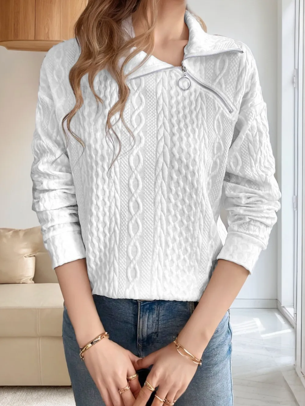Oblique Zipper Collared Neck Long Sleeve Sweatshirt, image 4