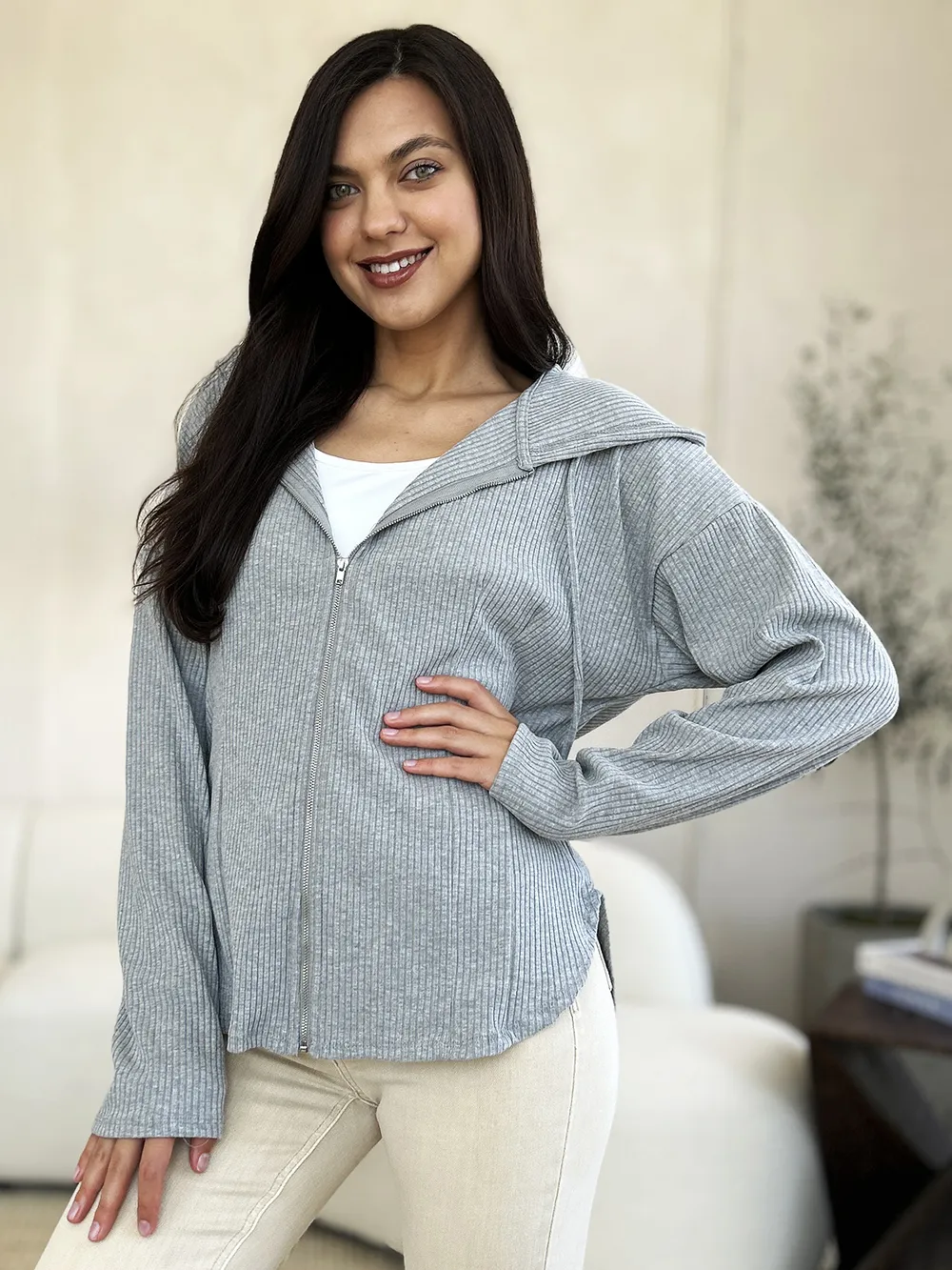 Full Size Ribbed Zip Up Drawstring Hooded Jacket, image 6