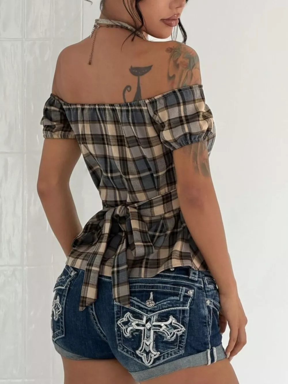 Off-Shoulder Plaid Blouse, image 6