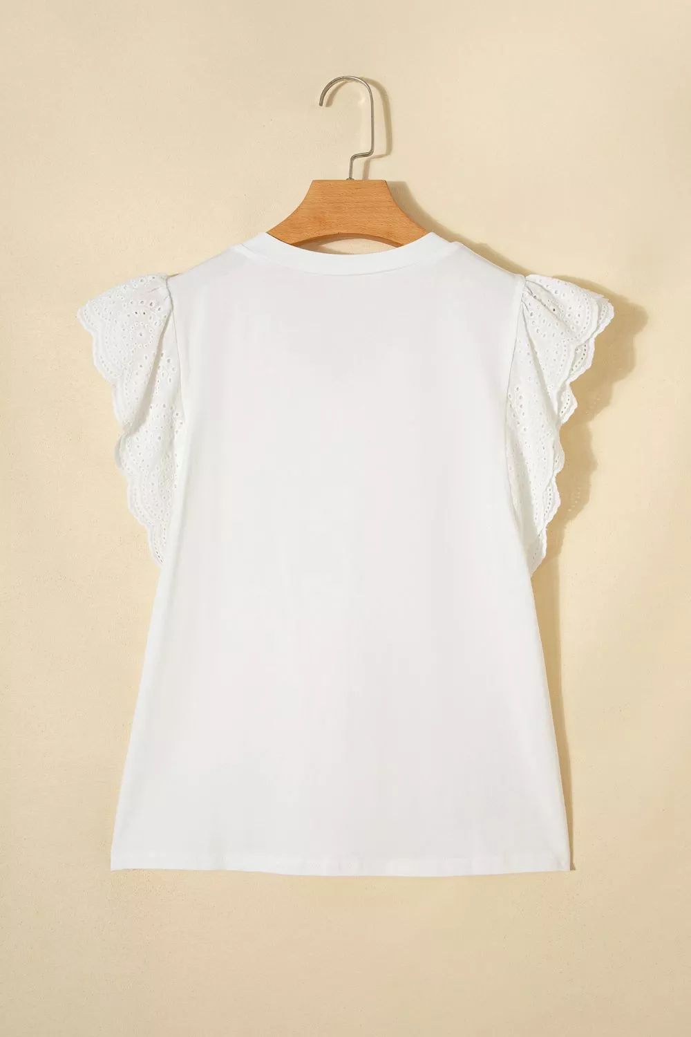 Eyelet Embroidered Flutter Sleeve Patchwork V Neck Tee, image 5