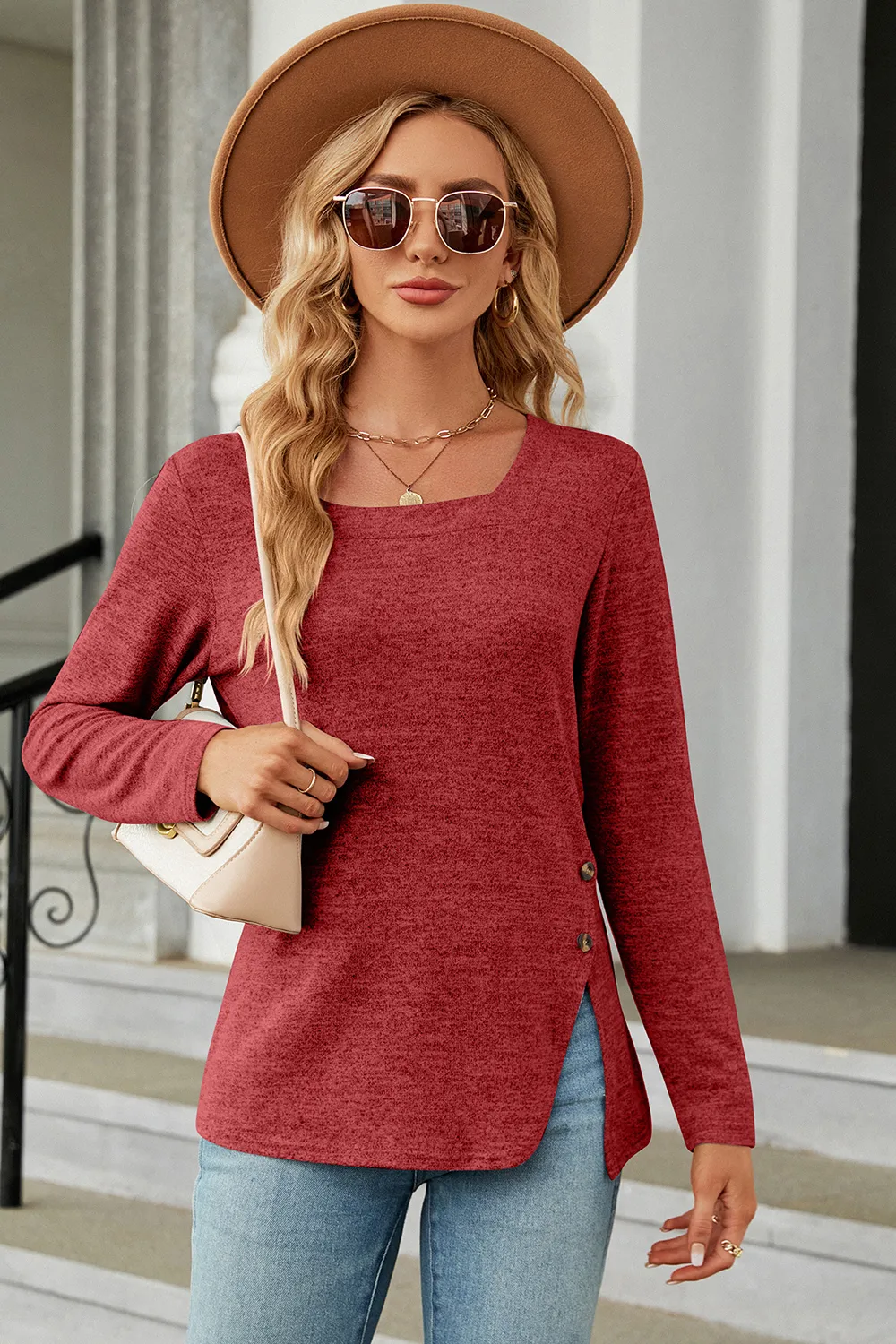 Slit Decorative Button Square Neck T-Shirt, image 2