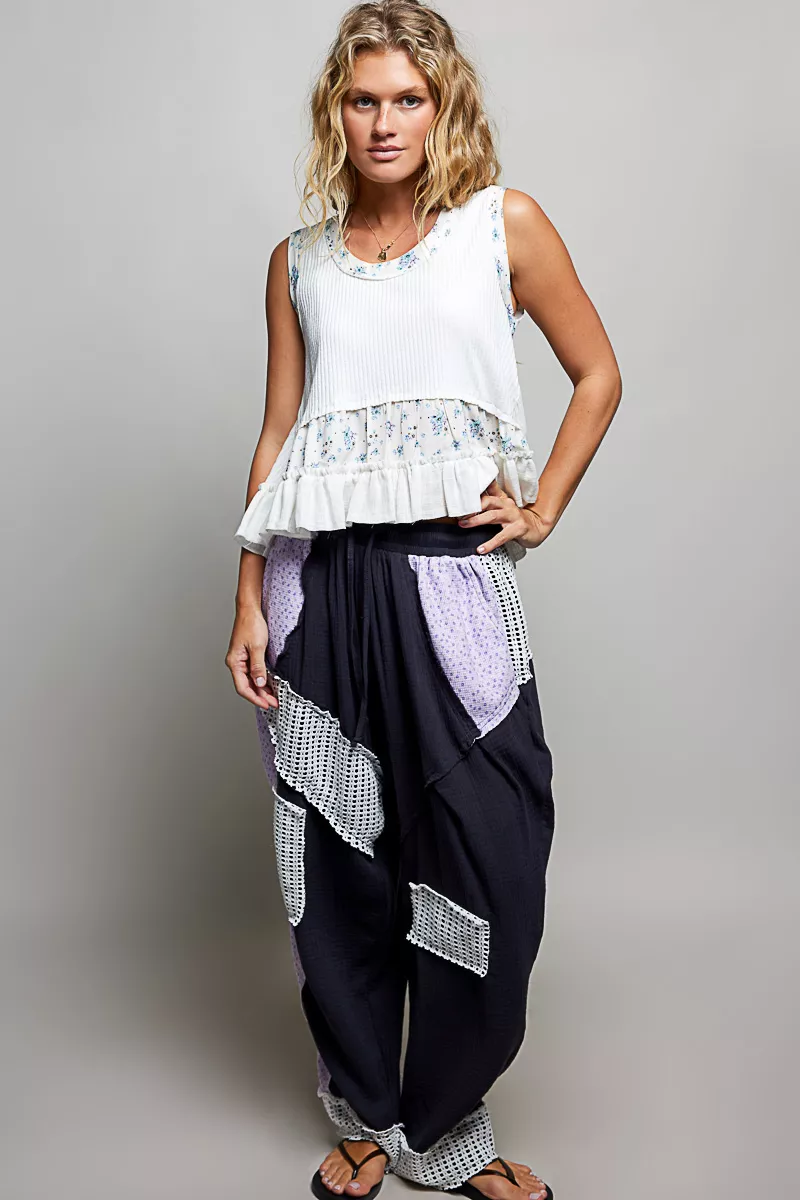 Floral Print Patche Round Neck Ribbed Tank with Double Gauze Ruffle Accents, image 4