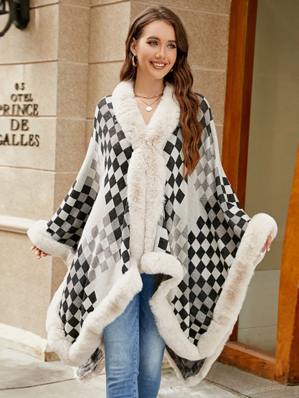 Fuzzy Checkered Long Sleeve Poncho, image 2