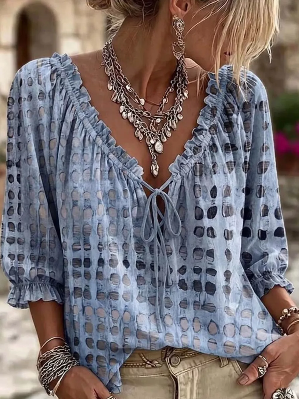 Full Size Tie Neck 3/4 Sleeve Blouse Plus Size, image 13
