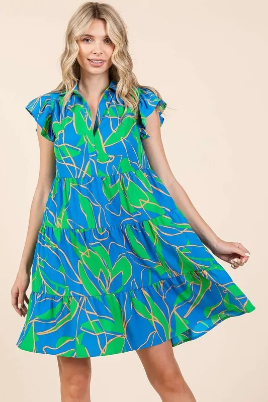 Leaf Print Ruffle Sleeve Tiered Mini Dress, image 3