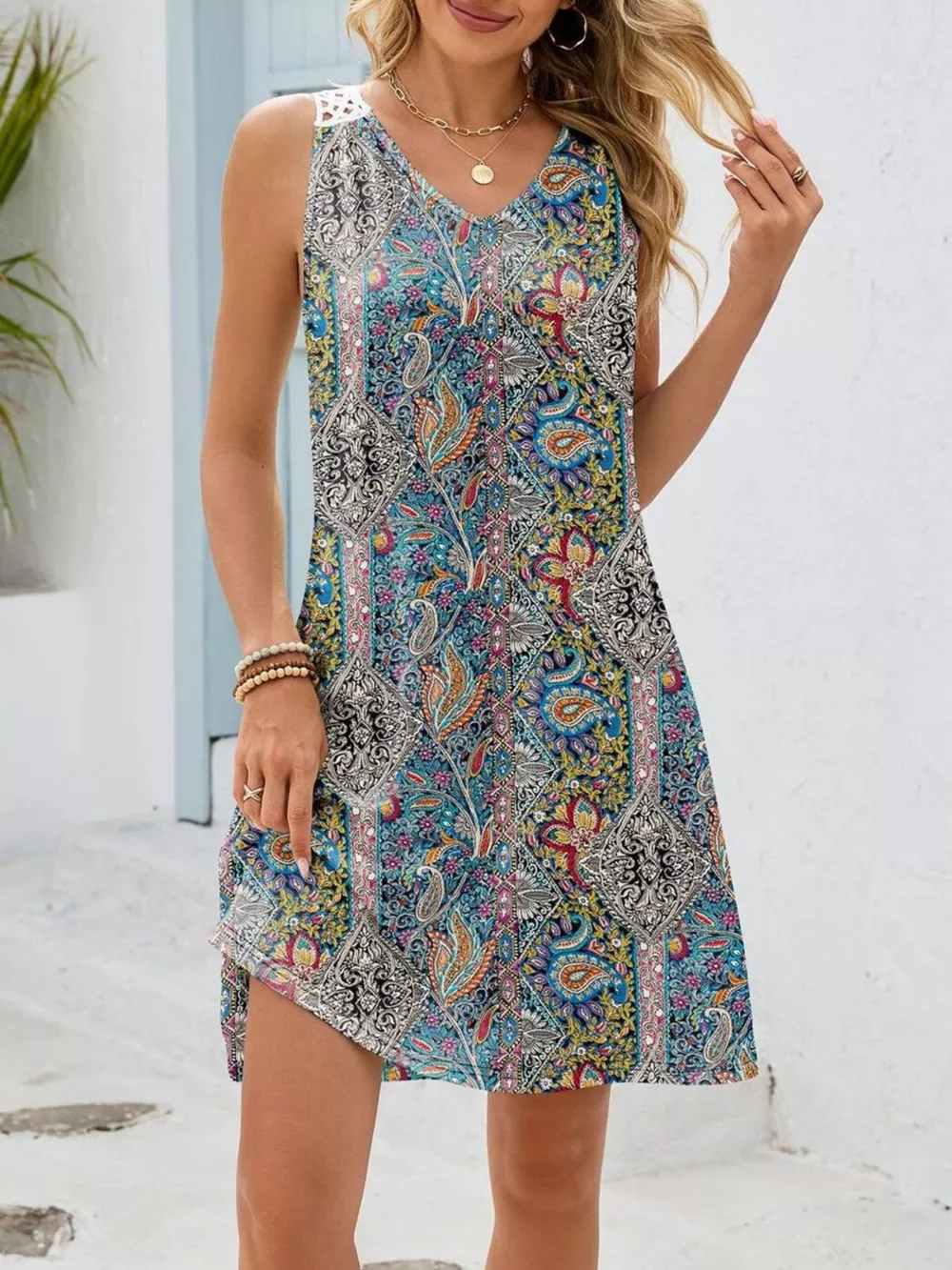 Floral Print V-Neck Crochet Back Mini Dress, image 9