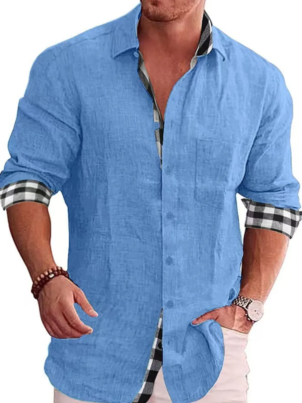 Men's Full Size Casual Linen Plaid-Trim Button Down Shirt Plus Size, image 7