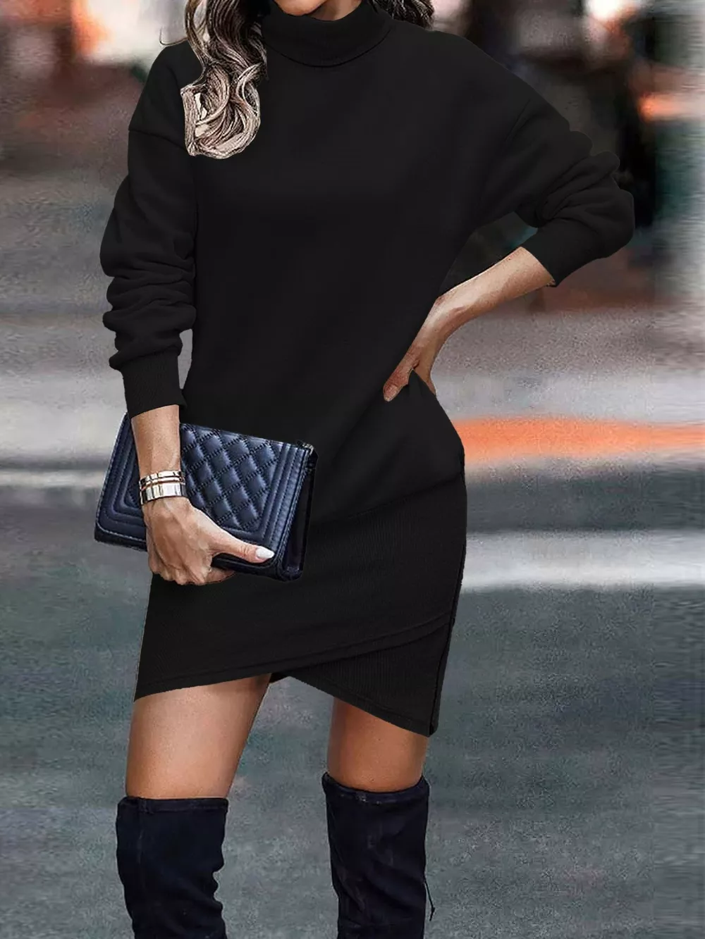 Turtleneck Long Sleeve Asymmetrical Hem Mini Dress, image 14