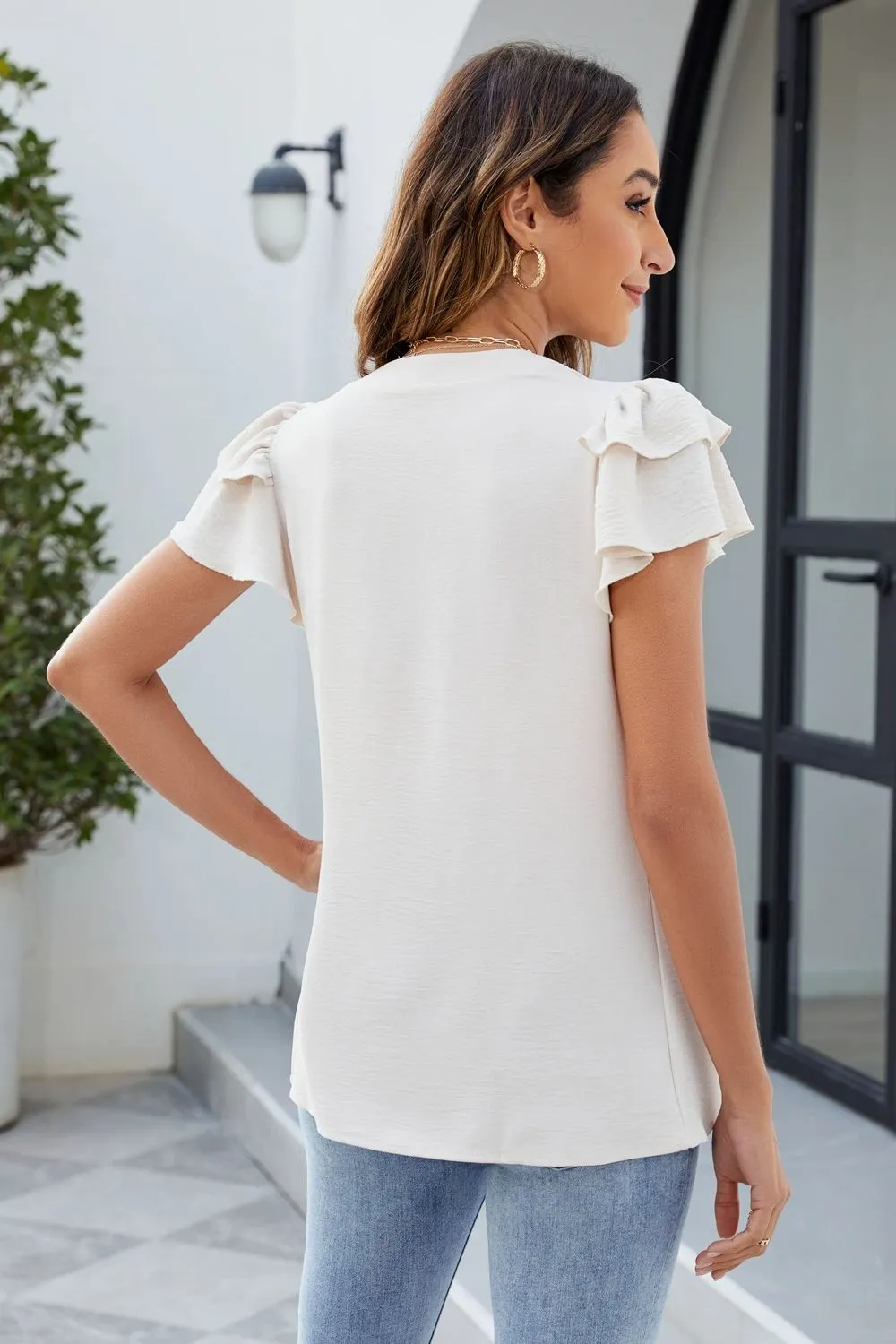 Ruffled Notched Short Sleeve Blouse, image 5