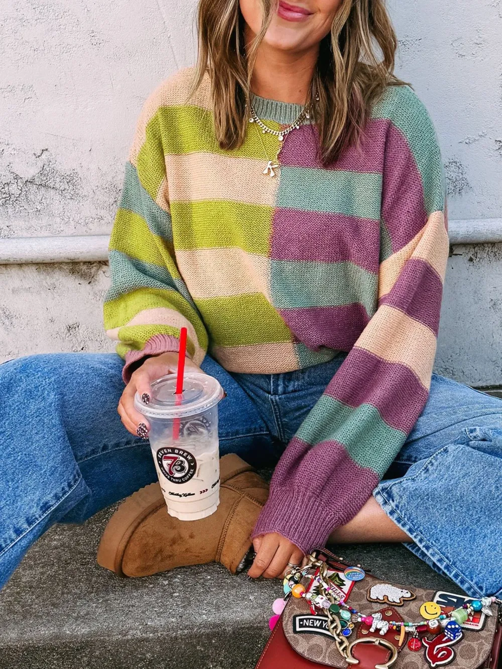 Stripe Drop Shoulder Ribbed Edge Sweater, image 4