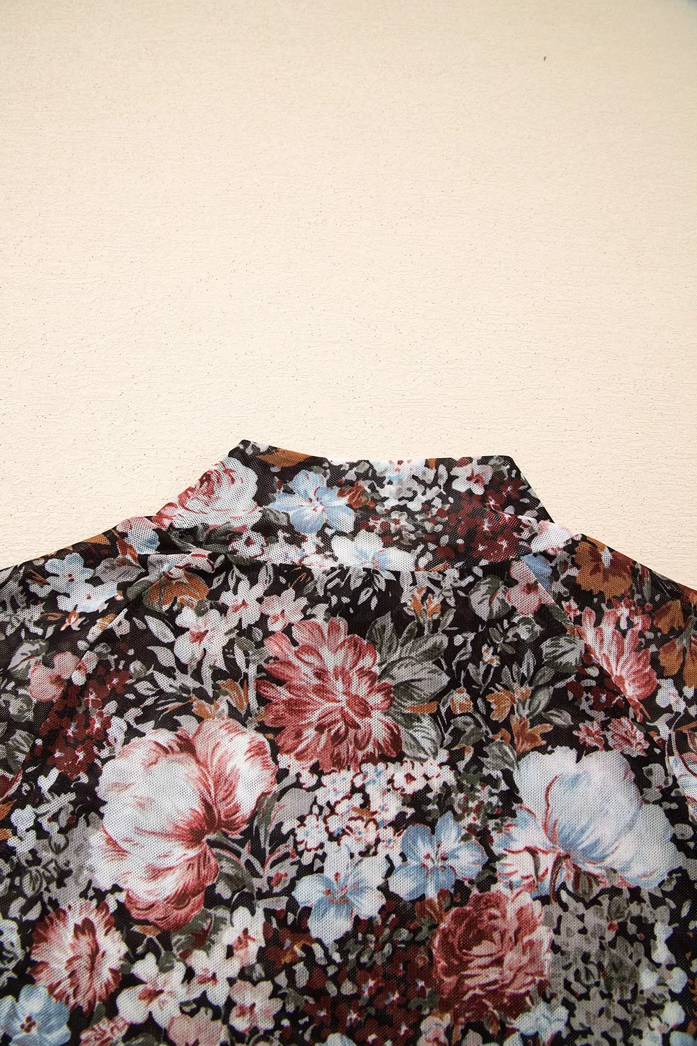 Floral Print Mock Neck Sheer Mesh Top, image 8