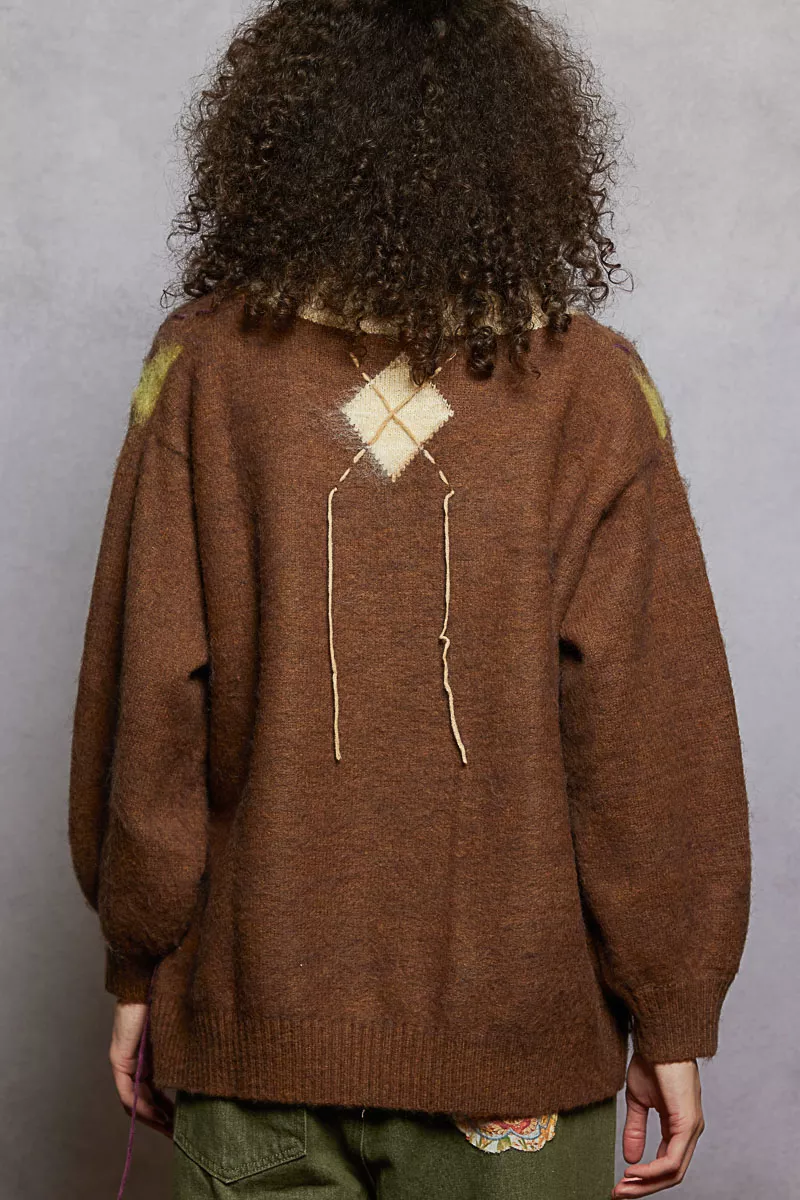 V-Neck Argyle Pattern Mohair Sweater with Contrast Exposed Stitch Detail, image 14