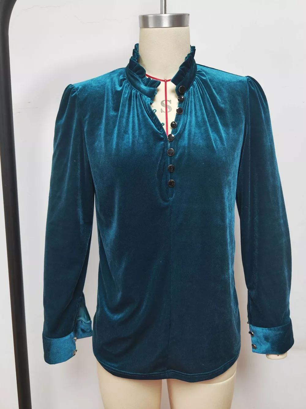 Elegant Velvet Ruffle Neck Blouse, image 12
