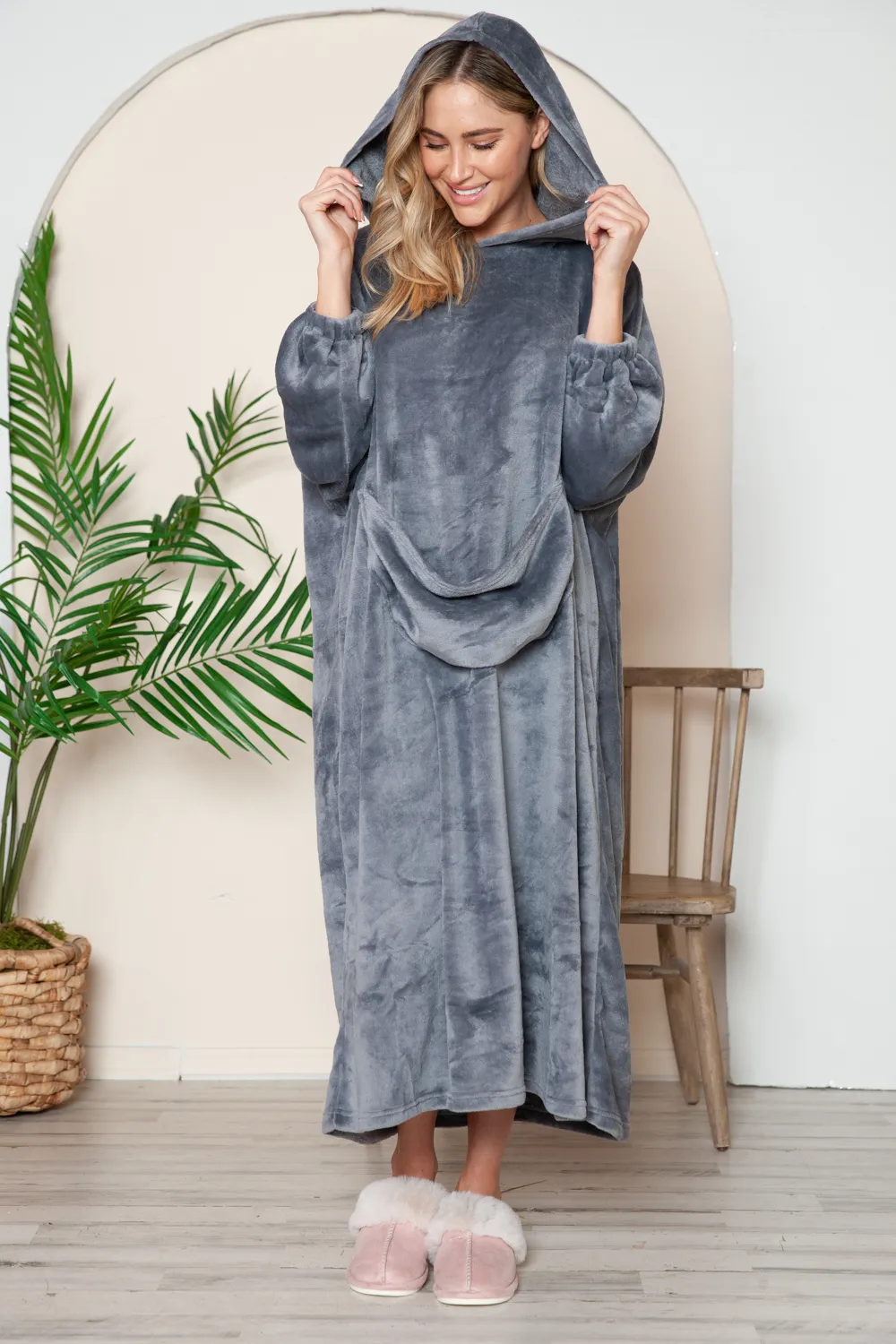 Full Size Pocketed Hooded Midi Lounge Dress, image 14