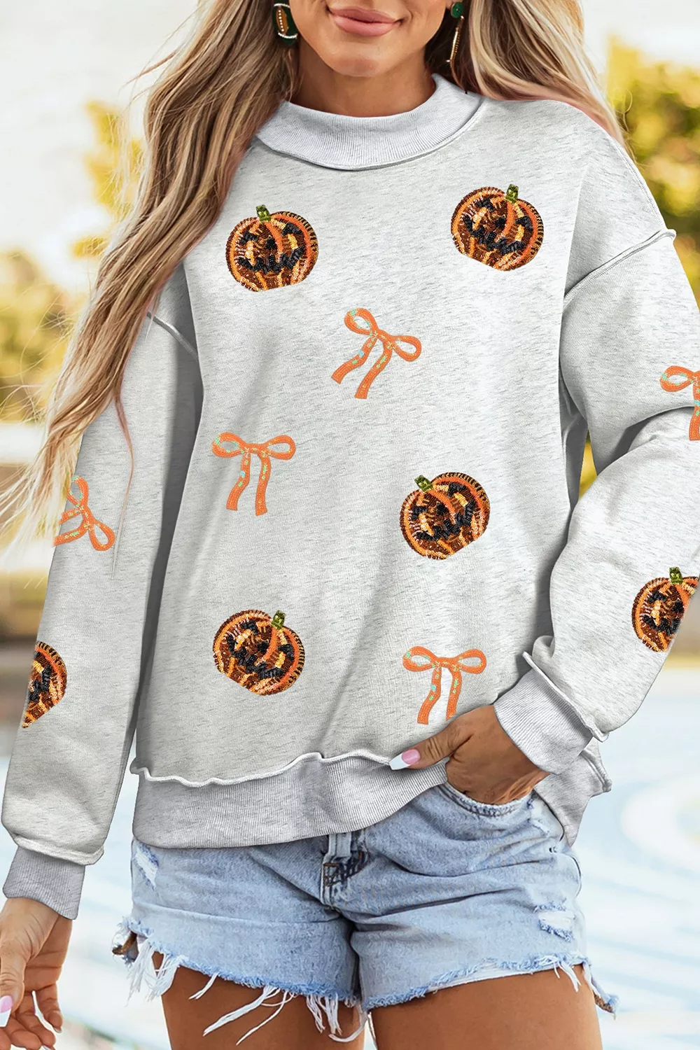 Sequin Pumpkin Face Bow Exposed Seam Halloween Sweatshirt, image 6
