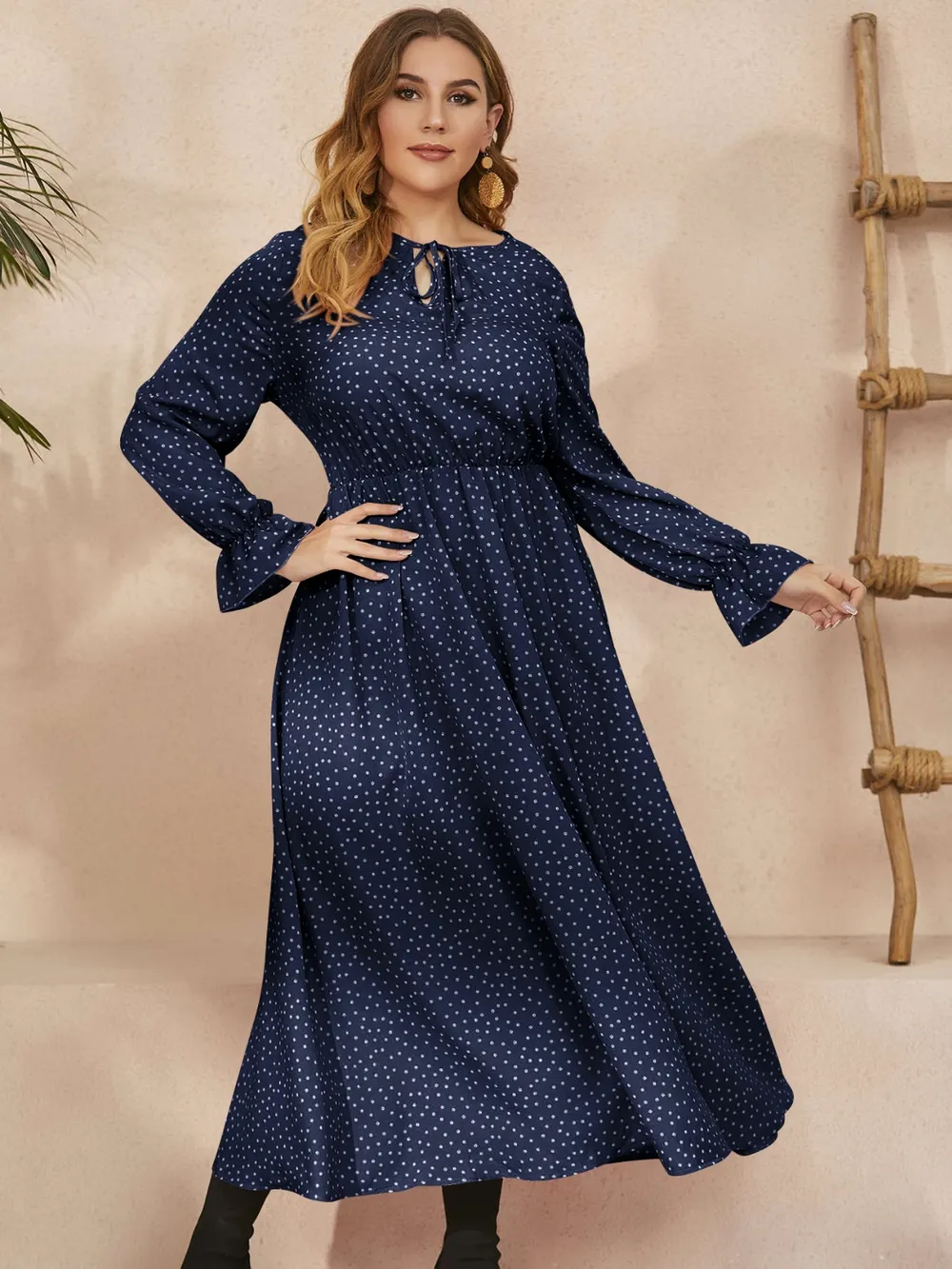 Plus Size Ruffled Polka Dot Long Sleeve Midi Dress, image 12