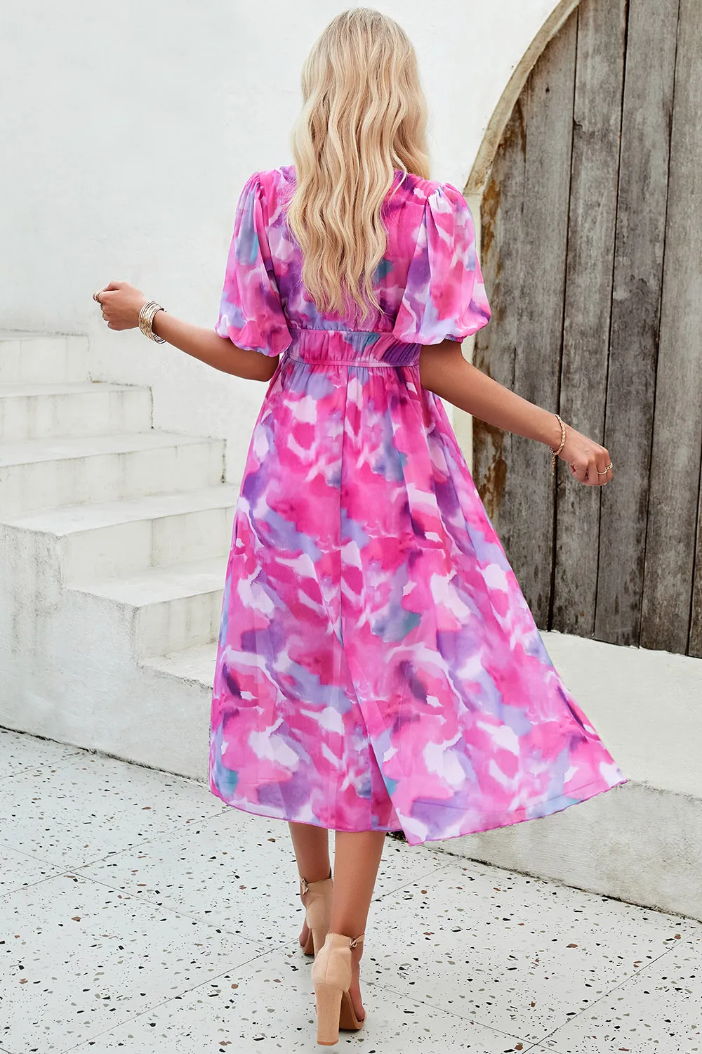 Smocked Printed V-Neck Short Sleeve Dress, image 20