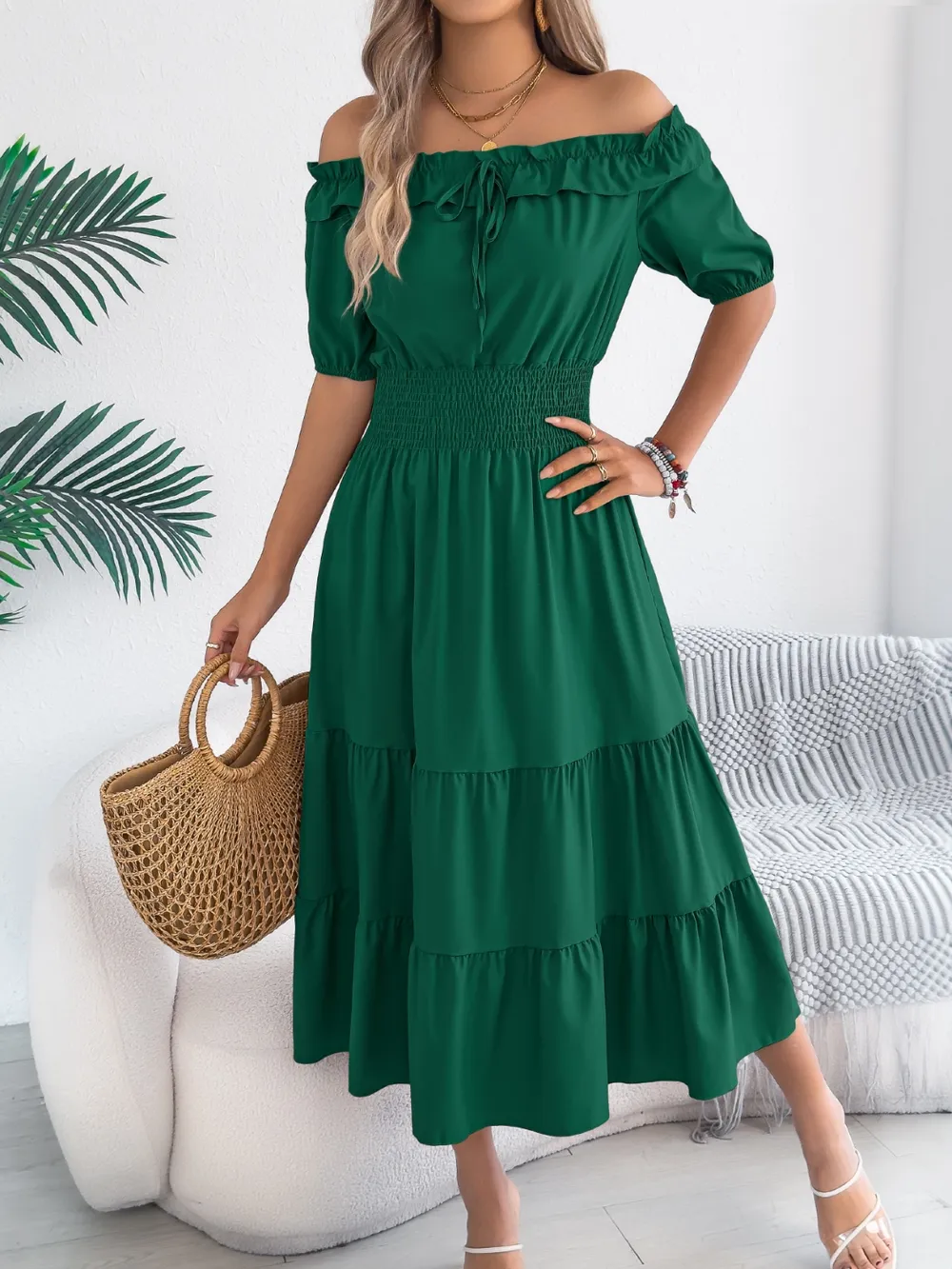 Smocked Off-Shoulder Tiered Dress, image 14