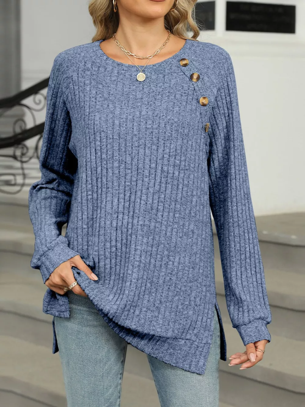 Round Neck Side Slit Ribbed Knit Top with Asymmetric Button Detail, image 13