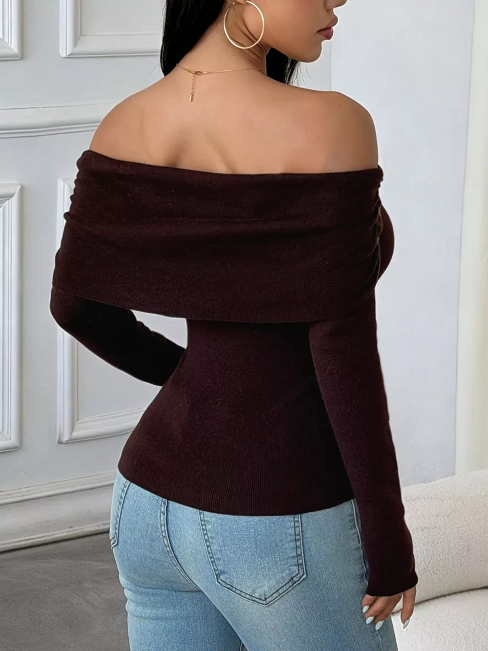Elegant Off-Shoulder Slim-Fit Ribbed Knit Top, image 8