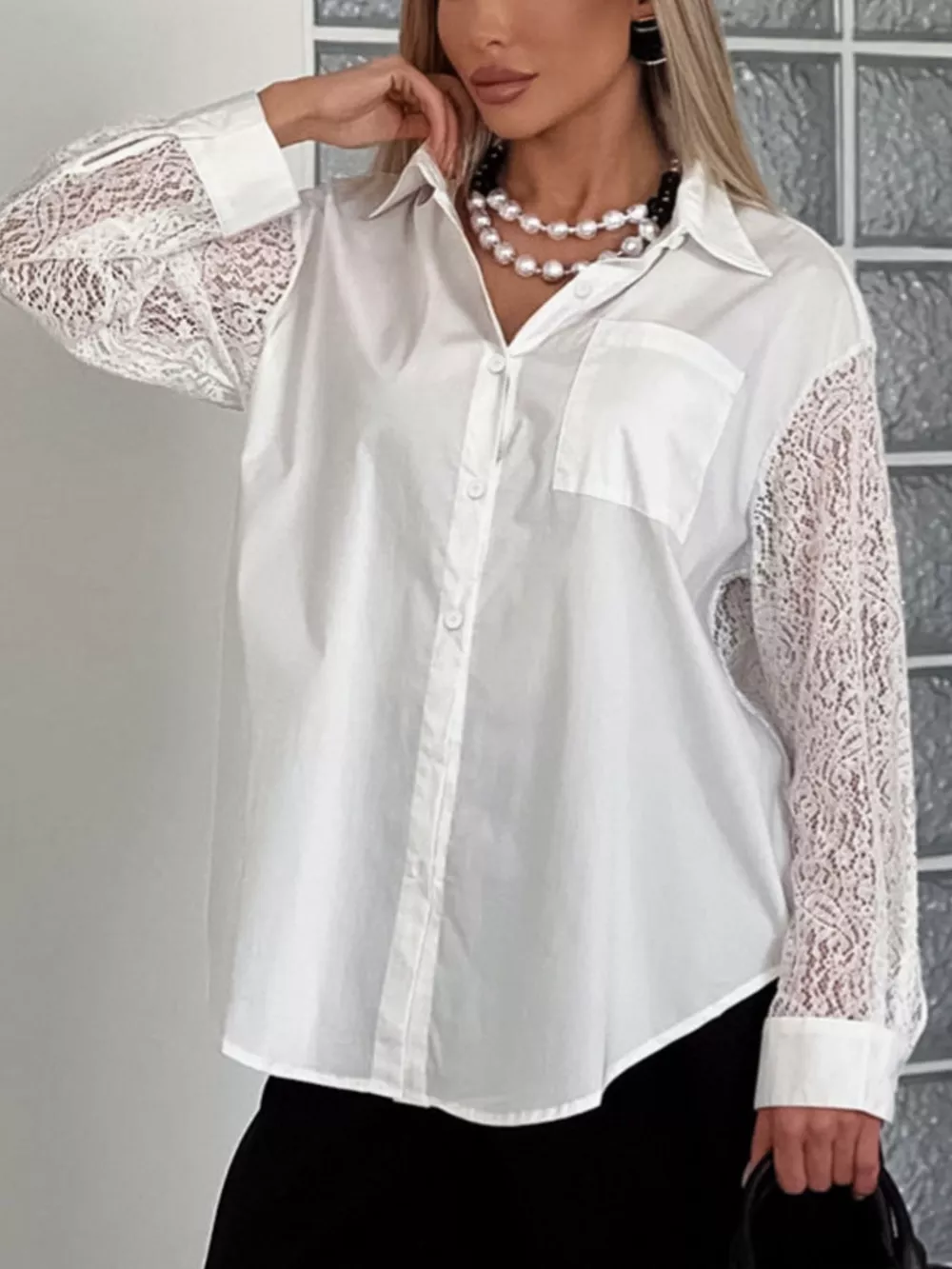Lace Sleeve Button-Down Shirt, image 3