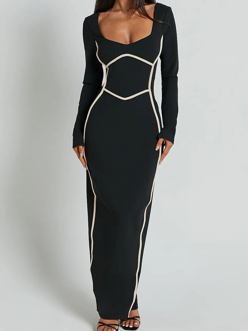 Contrast Trim Long Sleeve Bodycon Maxi Dress, image 2