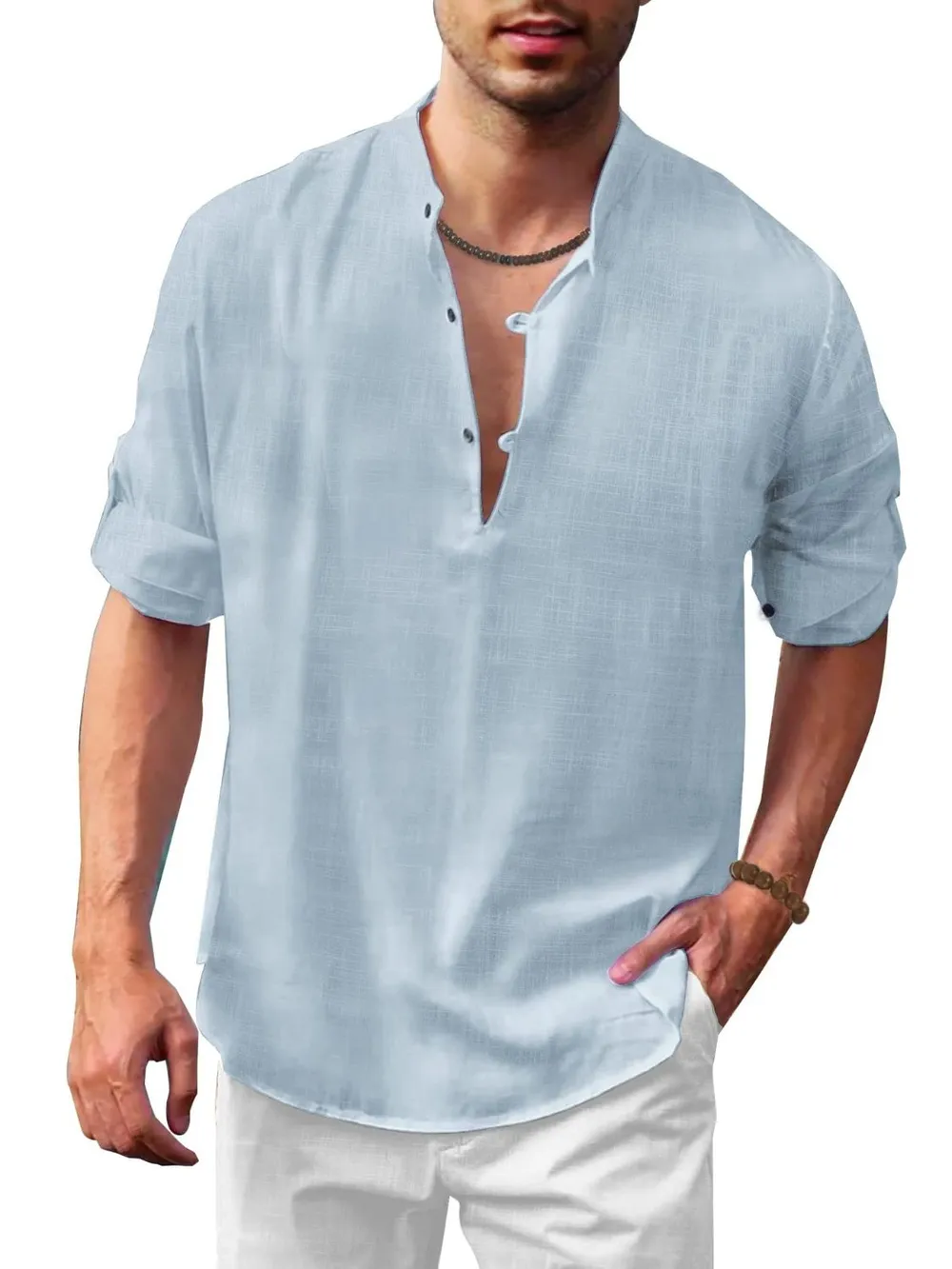 Men's Full Size Button Detail Roll-Tab Sleeve Top Plus Size, image 5