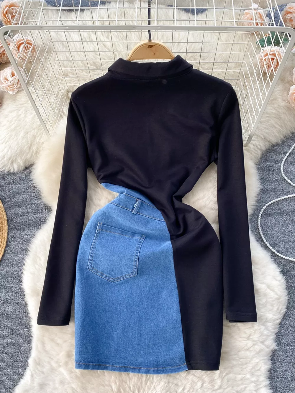 Full Size Color Block Denim Patchwork Mini Dress Plus Size, image 6
