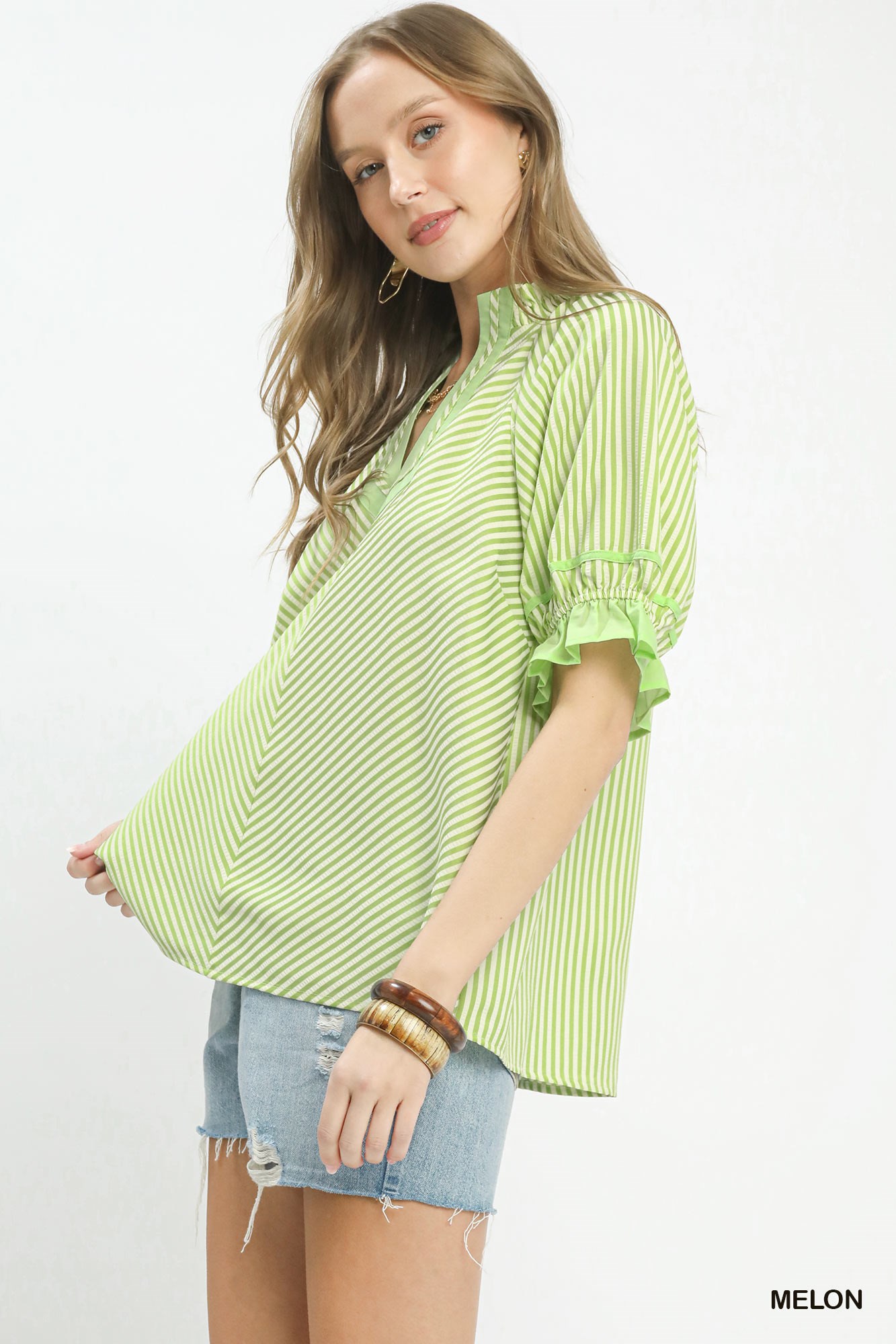 Stripe Ruffle Sleeve Split-Neck Blouse, image 5