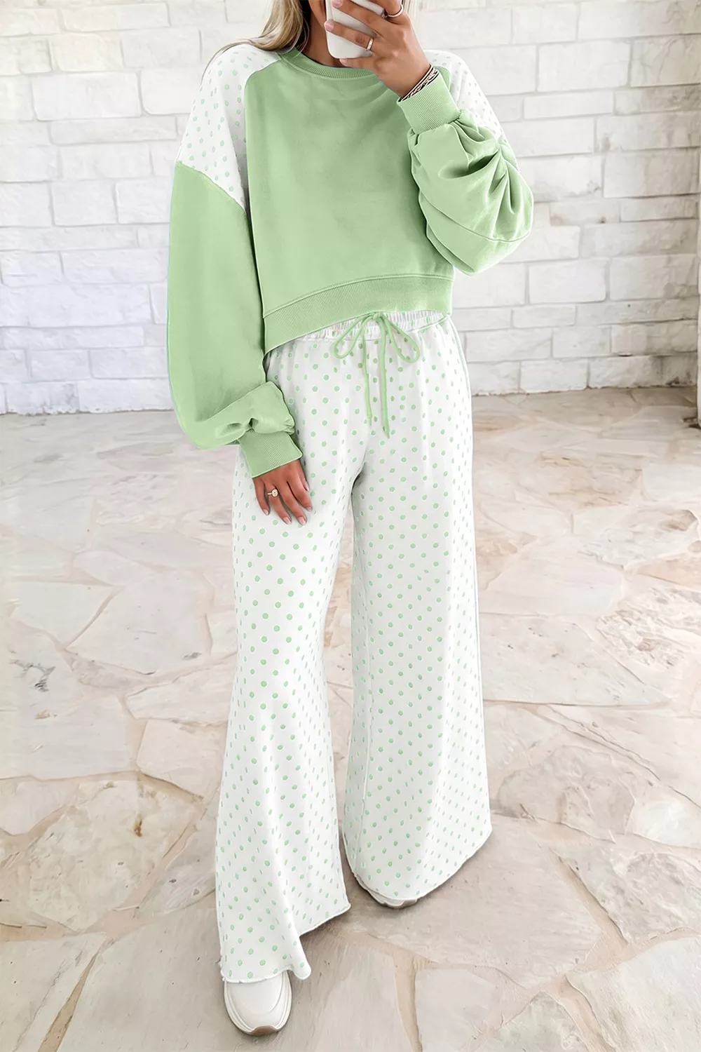 Polka Dot Color-Block Top and Pants Set, image 2
