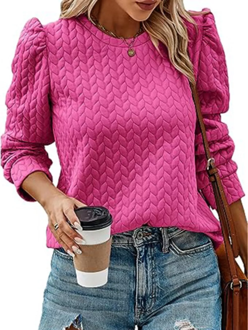 Textured Round Neck Long Sleeve Blouse, image 3