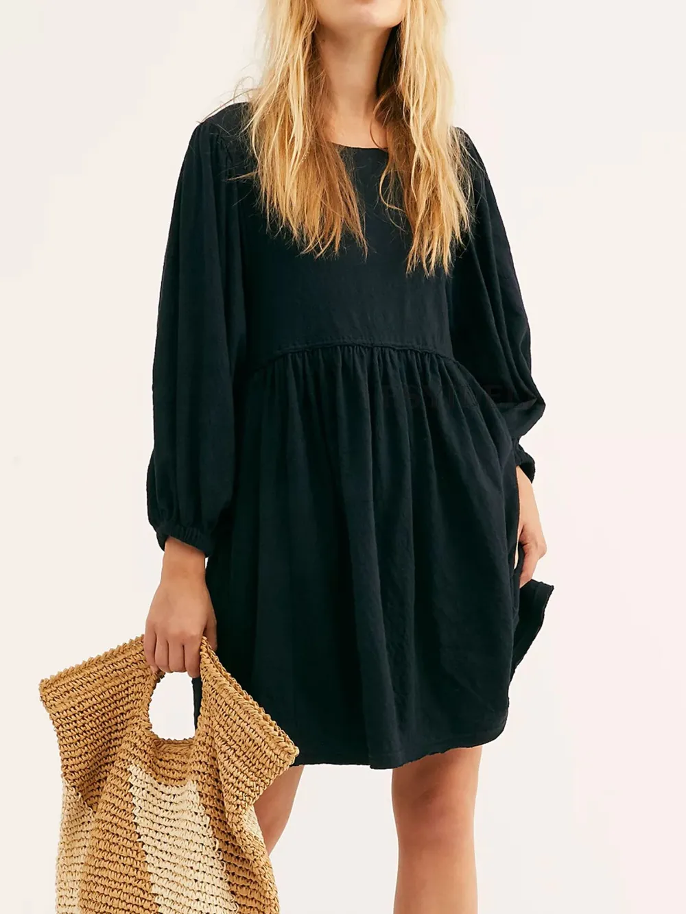 Relaxed Textured Babydoll Mini Dress with Back Keyhole Detail, image 10
