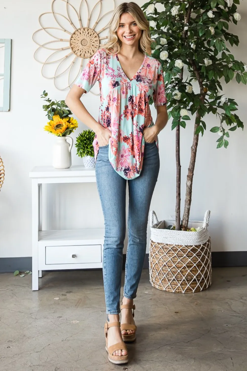 Full Size Floral V-Neck Short Sleeve Babydoll Blouse, image 8