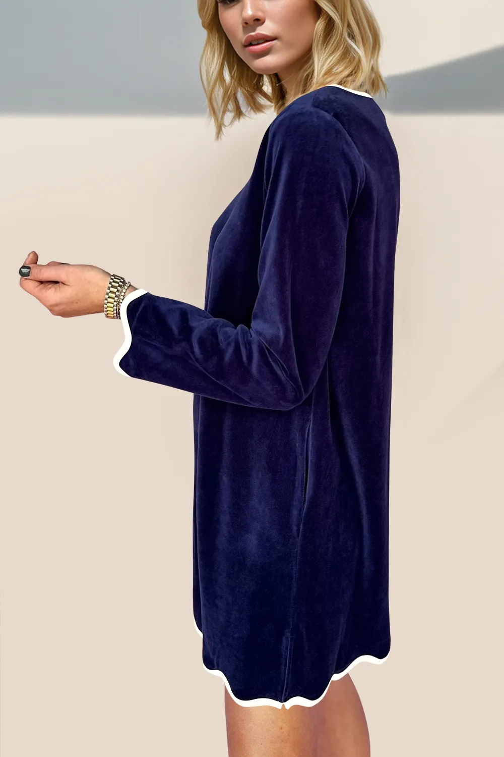Wave Contrast Trim V-Neck Zip Up Long Sleeve Mini Dress, image 7