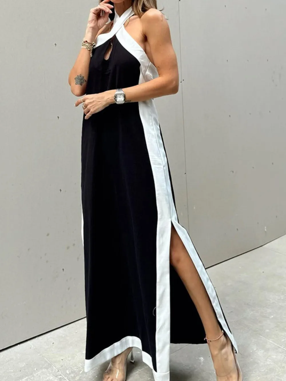 Contrast Halter Sleeveless Maxi Dress, image 7