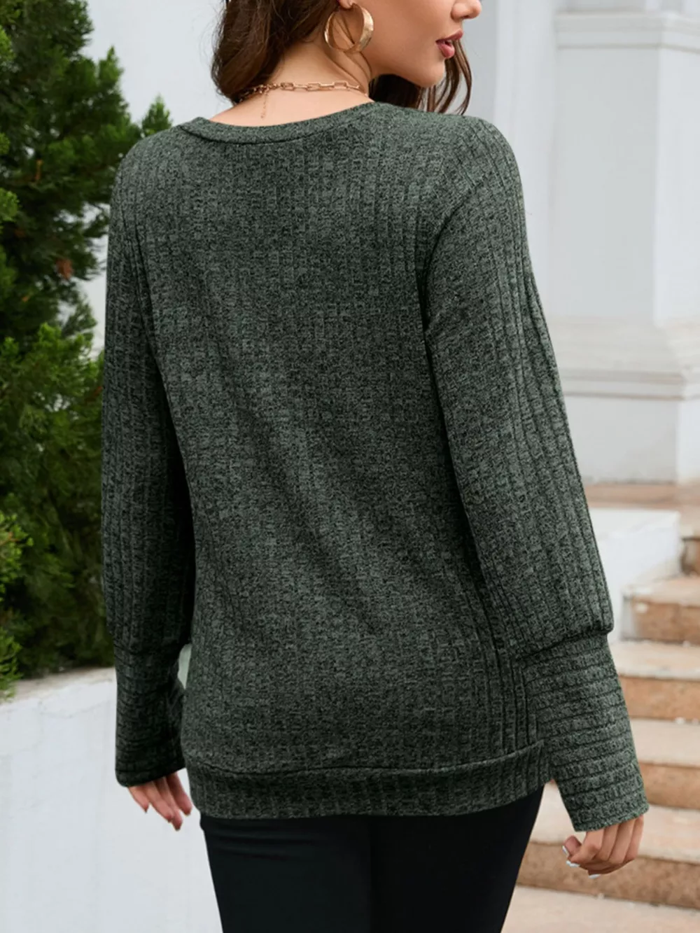 V-Neck Textured Knit Long Sleeve T-Shirt, image 24