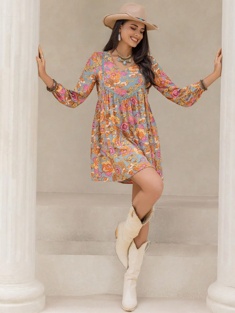 Printed V-Neck Balloon Sleeve Mini Dress, image 4